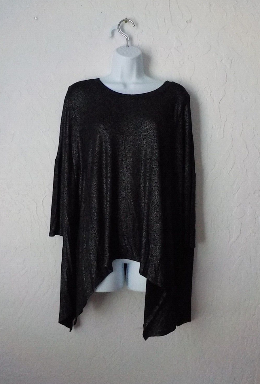 IMAN Black Metallic Tunic Top Size 1X Asymmetric Hem Longline Stretch 3/4 Sleeve